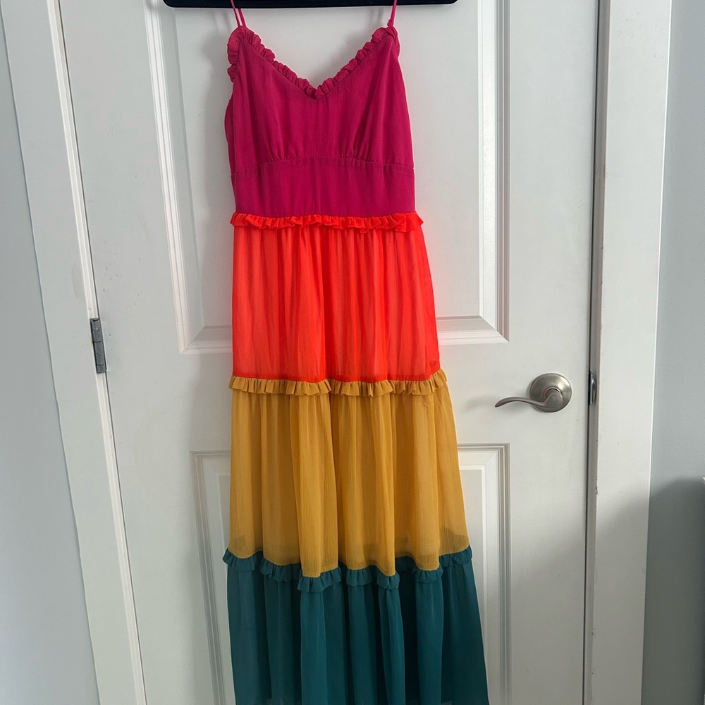 Sadie & Sage Fuchsia, Coral, Mustard & Teal Tiered Maxi Dress
